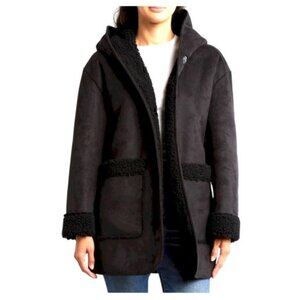 Lucky Brand Faux Shearling Black Faux Suede Hooded Barn Coat Womens Size L NWOT